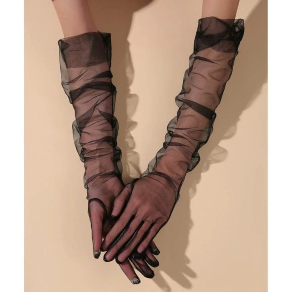 BLACK Mesh Long Opera Ruched Gloves NEW